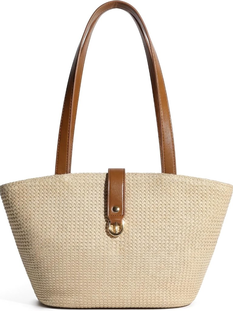 Straw Tote Bag For Women, Woven Raffia Straw Purse, Boho Beach Bag With Pu Handl